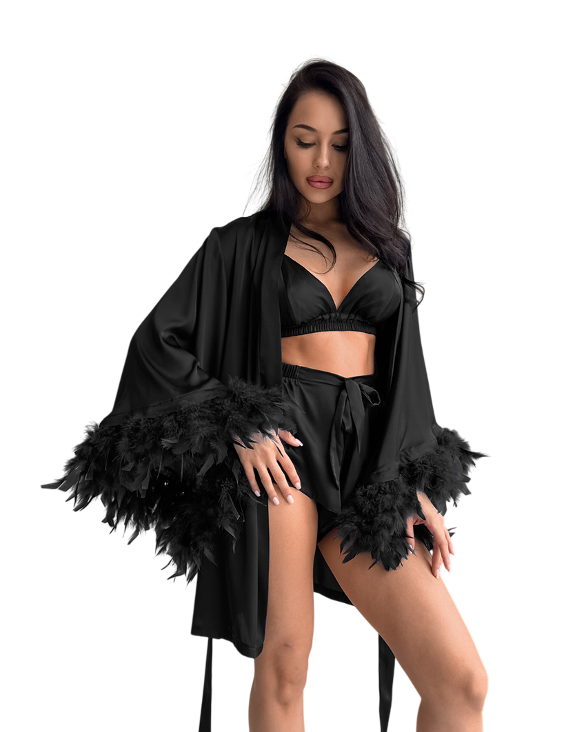 Women`s Satin Feather Trim Robe Sleepwear Set
