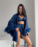 Women`s Satin Feather Trim Robe Sleepwear Set