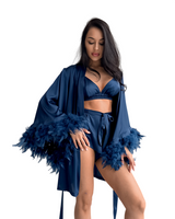 Women`s Satin Feather Trim Robe Sleepwear Set