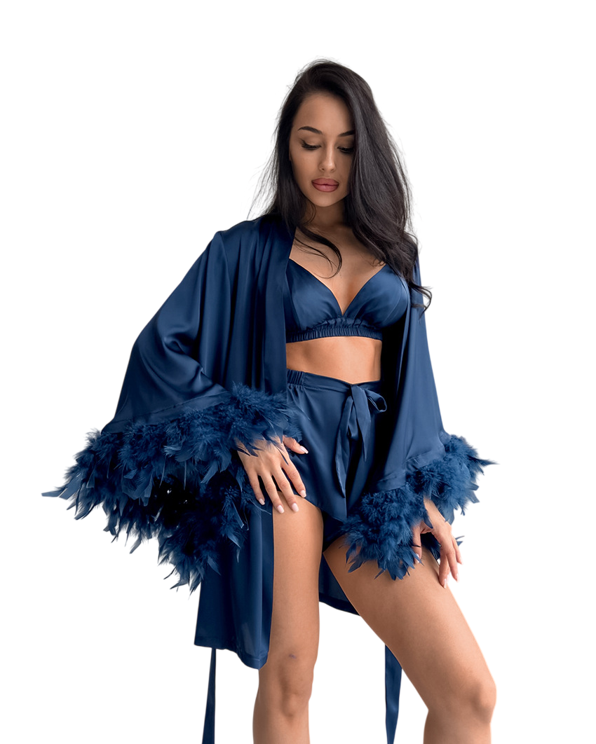 Women`s Satin Feather Trim Robe Sleepwear Set