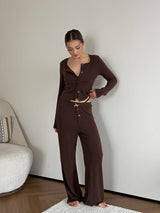 Women`s Button Front Long Sleeve Lounge Set