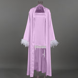 Women`s Feather Trim Lace Hem Satin Sleepwear