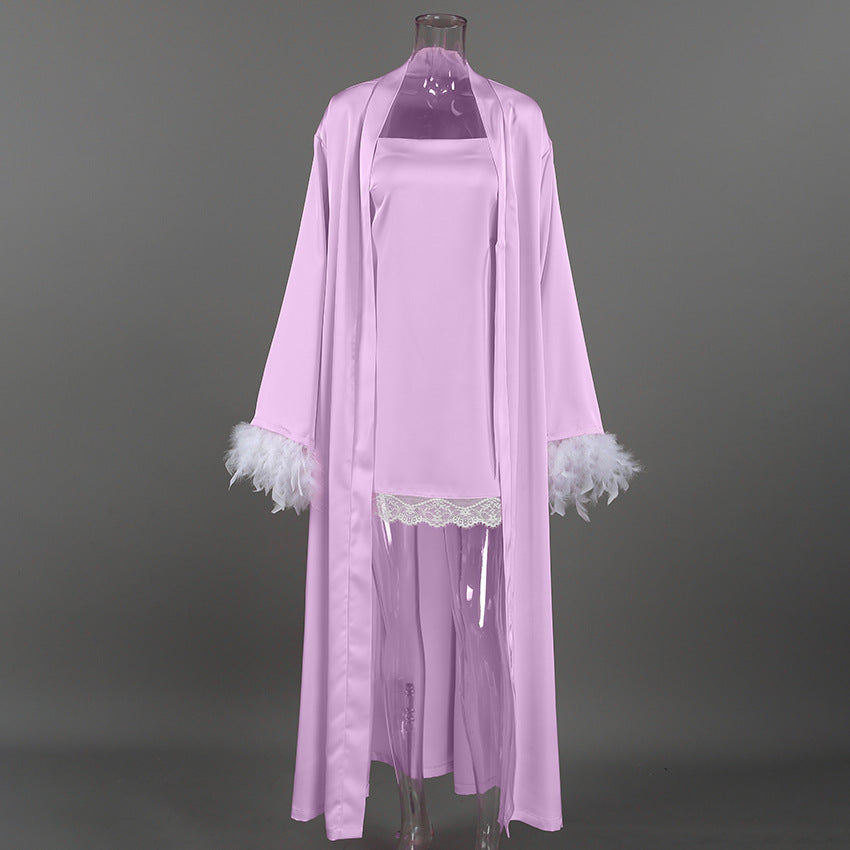 Women`s Feather Trim Lace Hem Satin Sleepwear