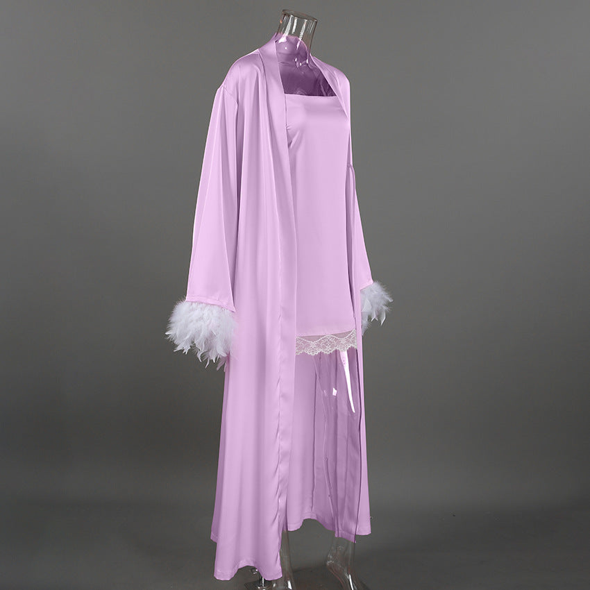 Women`s Feather Trim Lace Hem Satin Sleepwear