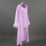 Women`s Feather Trim Lace Hem Satin Sleepwear