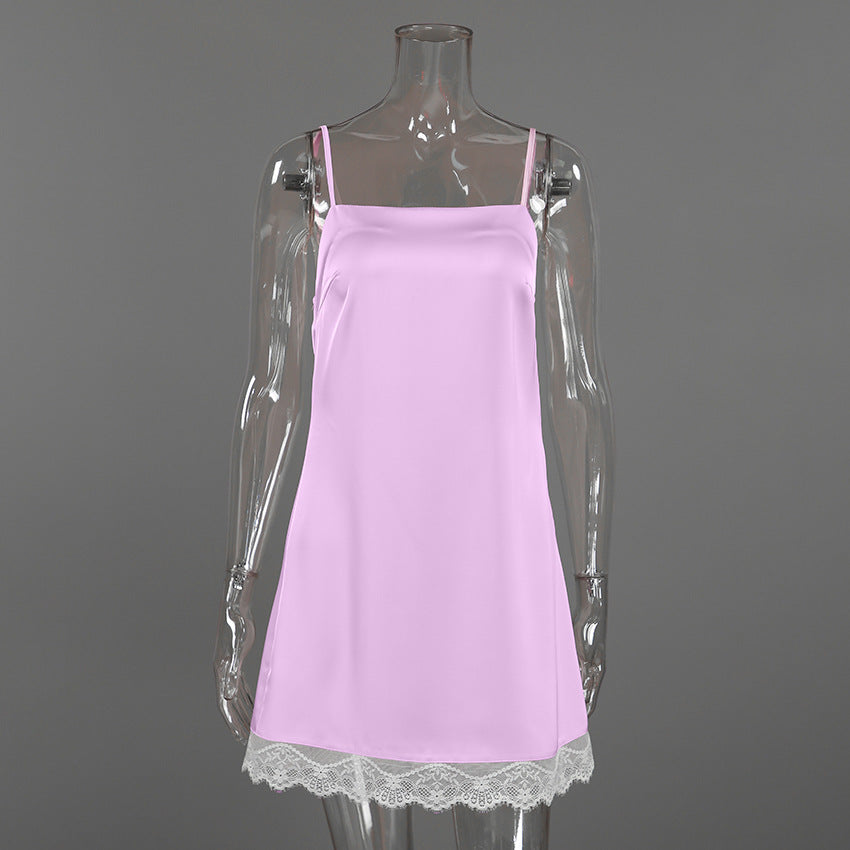 Women`s Feather Trim Lace Hem Satin Sleepwear