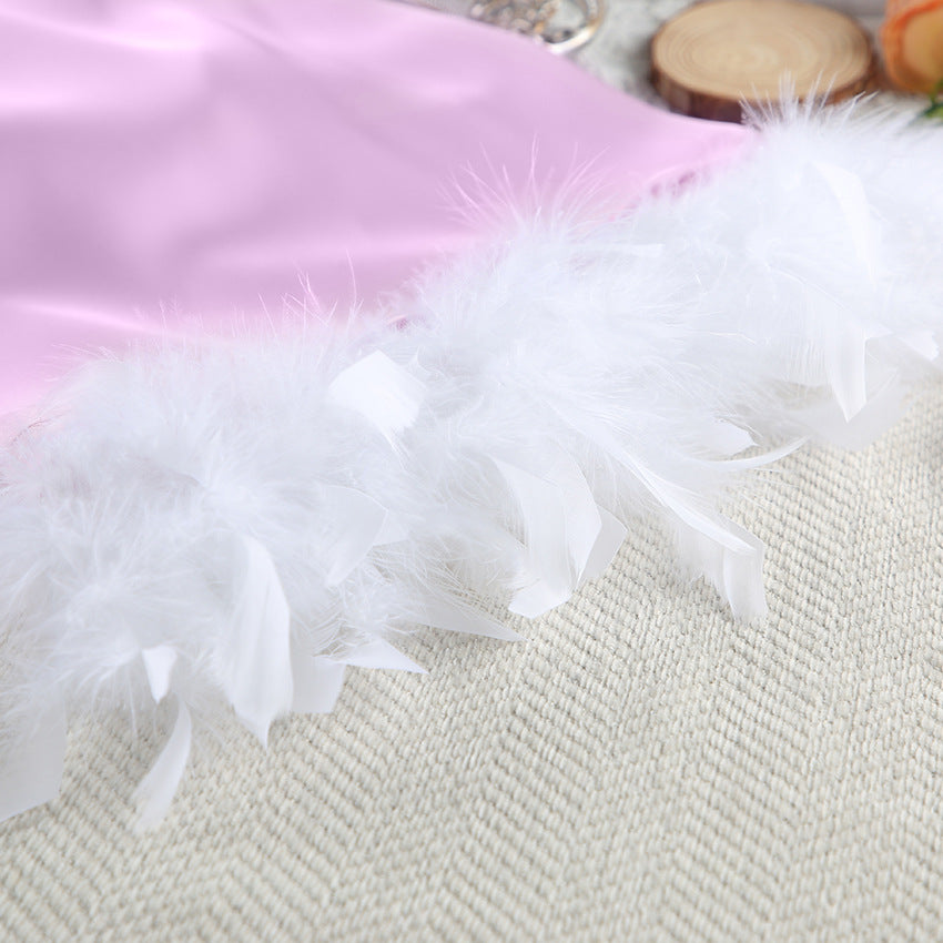 Women`s Feather Trim Lace Hem Satin Sleepwear