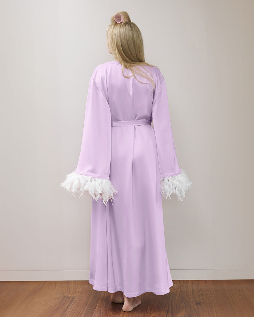 Women`s Feather Trim Lace Hem Satin Sleepwear