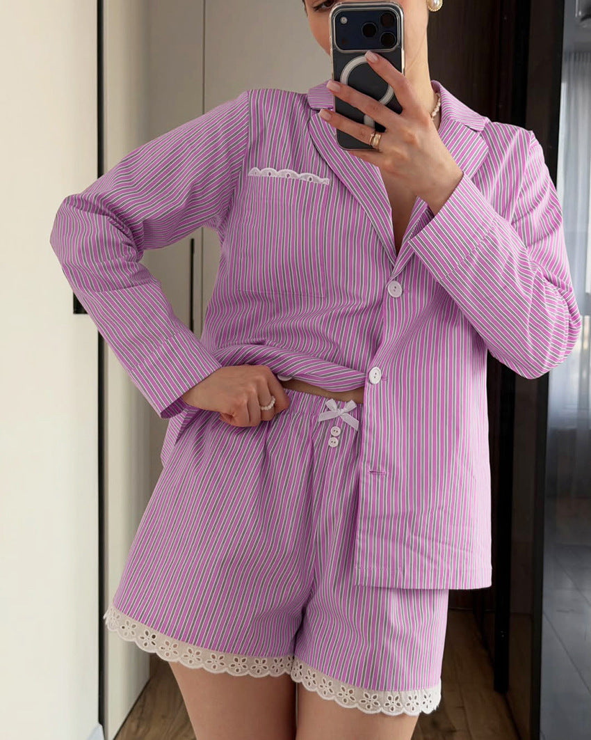 Women`s Striped Button Front Pajama Shorts Set