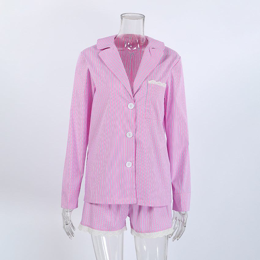 Women`s Striped Button Front Pajama Shorts Set