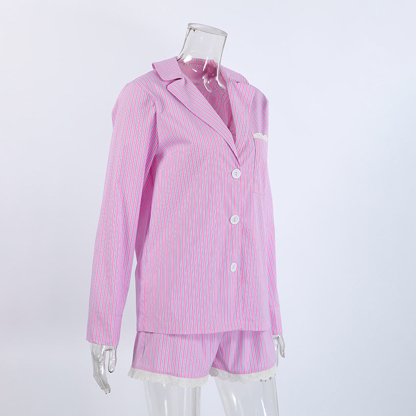 Women`s Striped Button Front Pajama Shorts Set