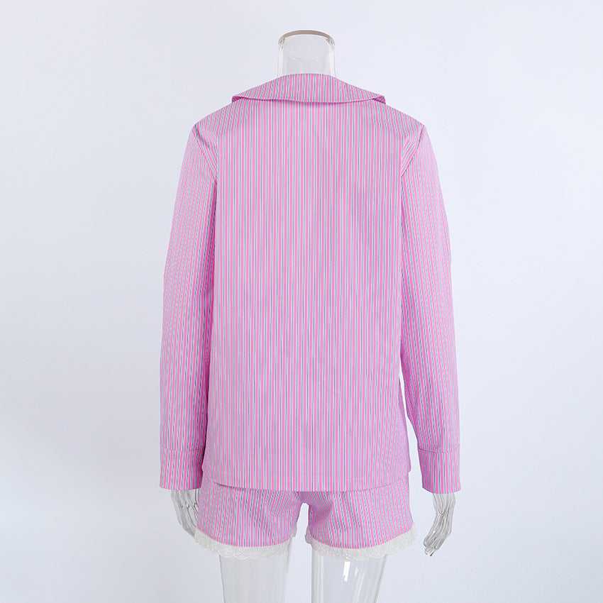 Women`s Striped Button Front Pajama Shorts Set