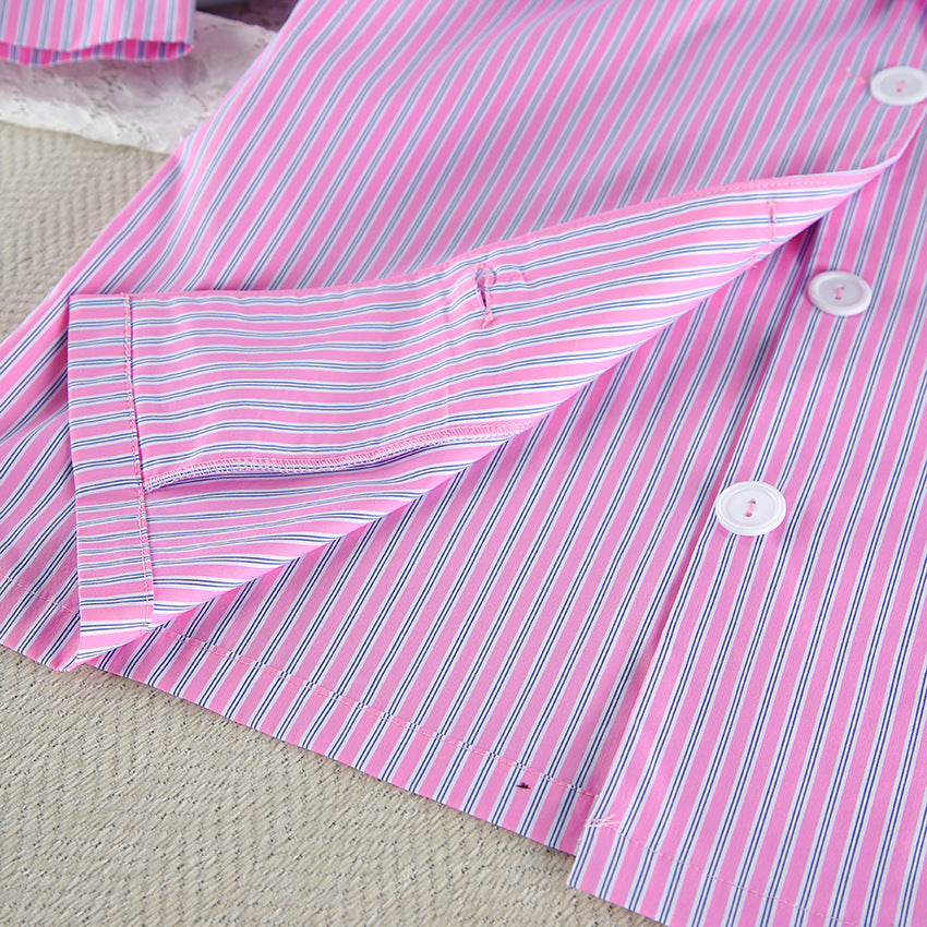 Women`s Striped Button Front Pajama Shorts Set