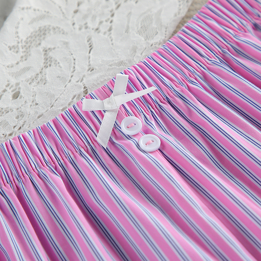 Women`s Striped Button Front Pajama Shorts Set
