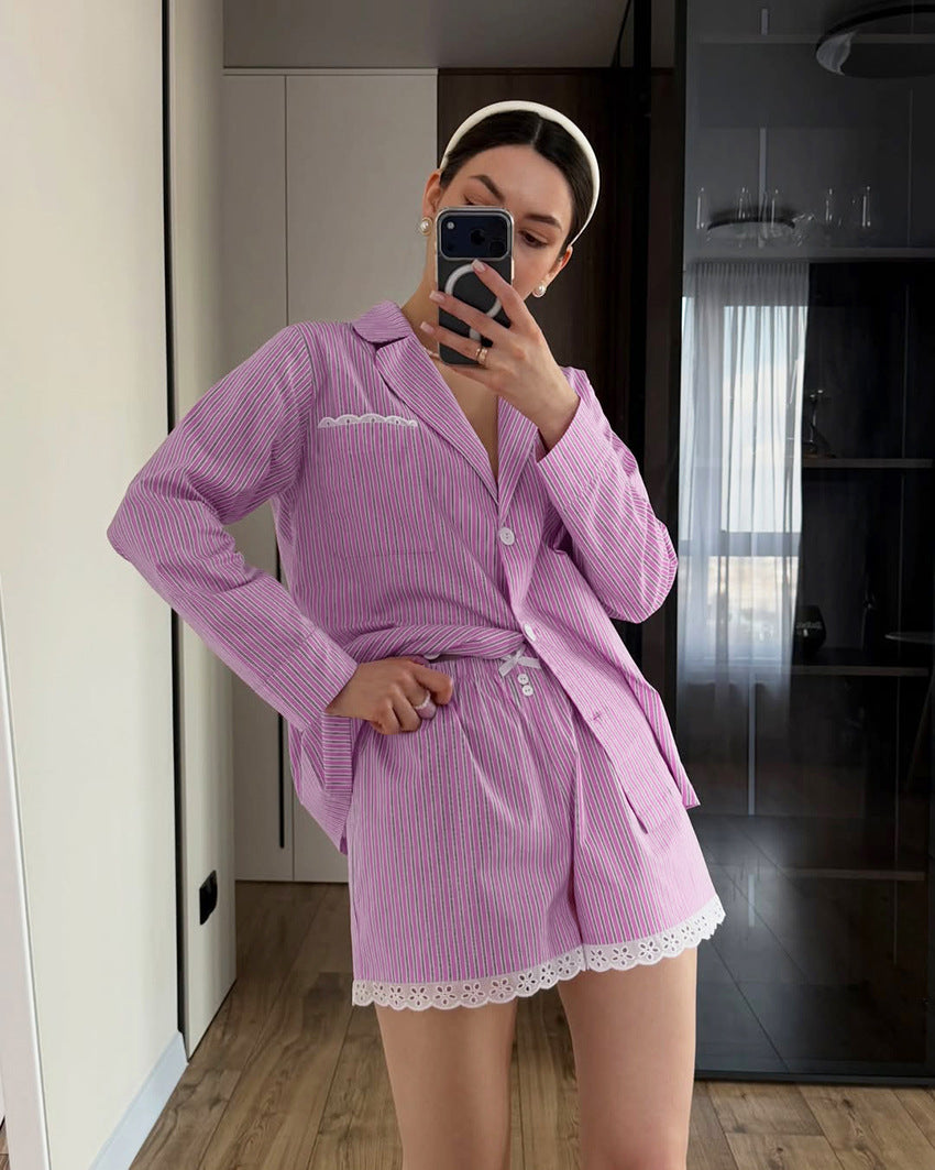 Women`s Striped Button Front Pajama Shorts Set
