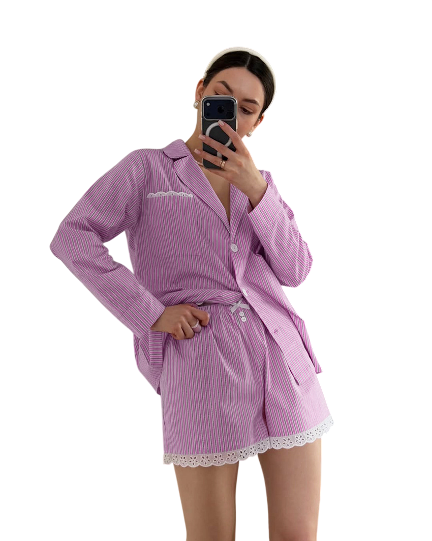 Women`s Striped Button Front Pajama Shorts Set