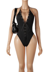Women`s Lace Up Halter Deep V One Piece Bodysuit