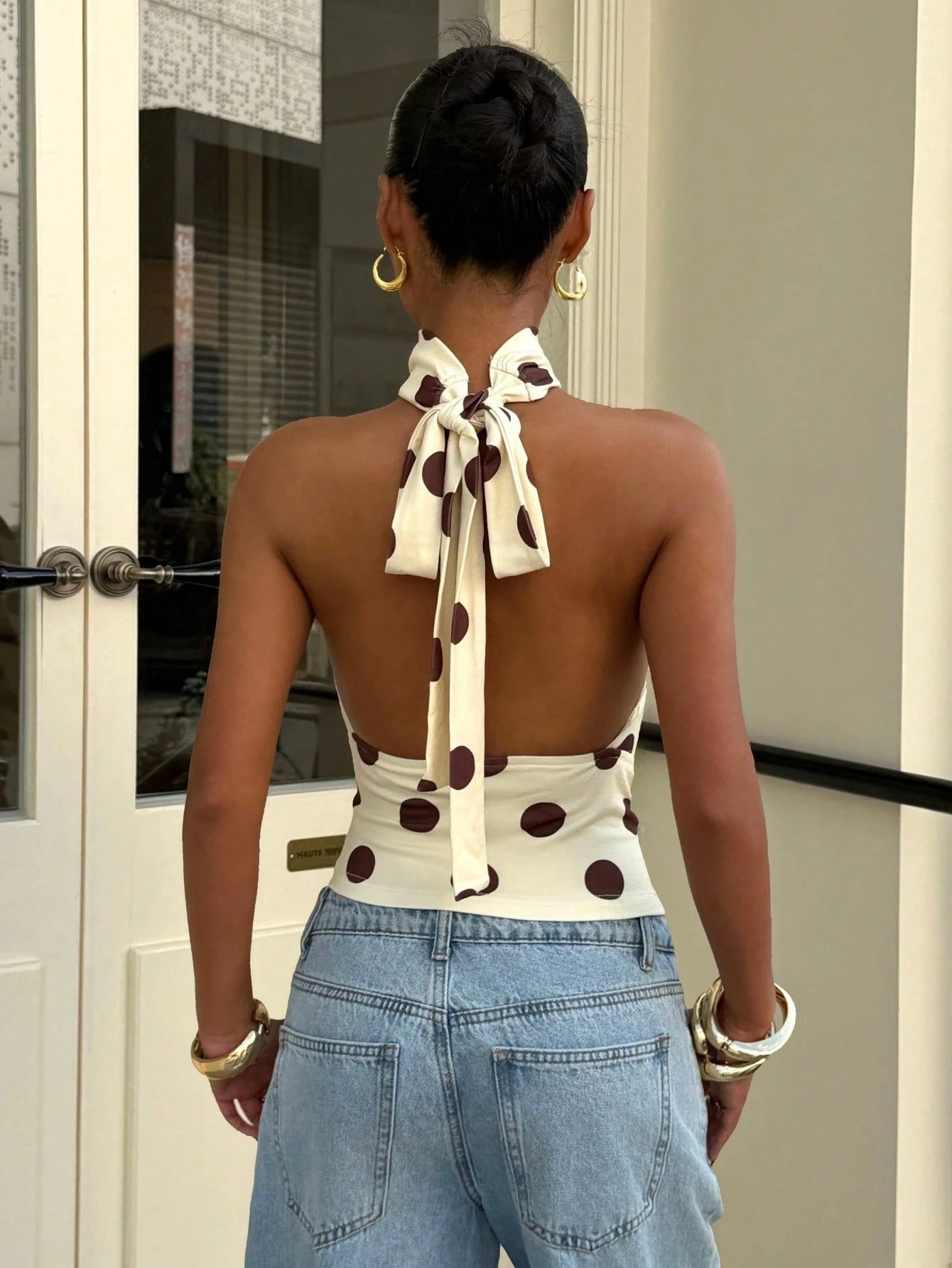 Women`s Polka Dot Halter Neck Sleeveless Top