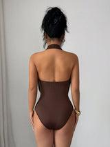 Women`s Halter Plunge Cutout One Piece Bodysuit