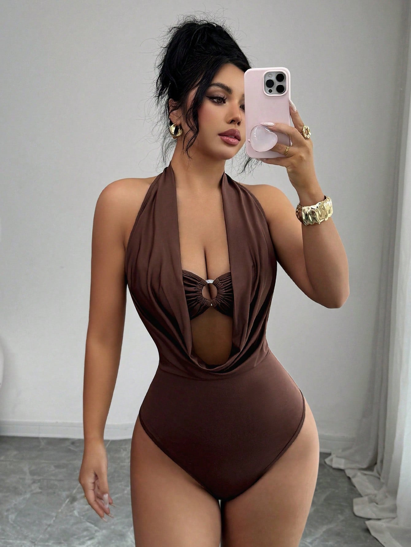 Women`s Halter Plunge Cutout One Piece Bodysuit