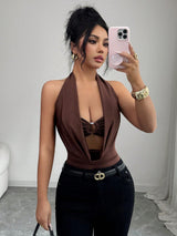 Women`s Halter Plunge Cutout One Piece Bodysuit
