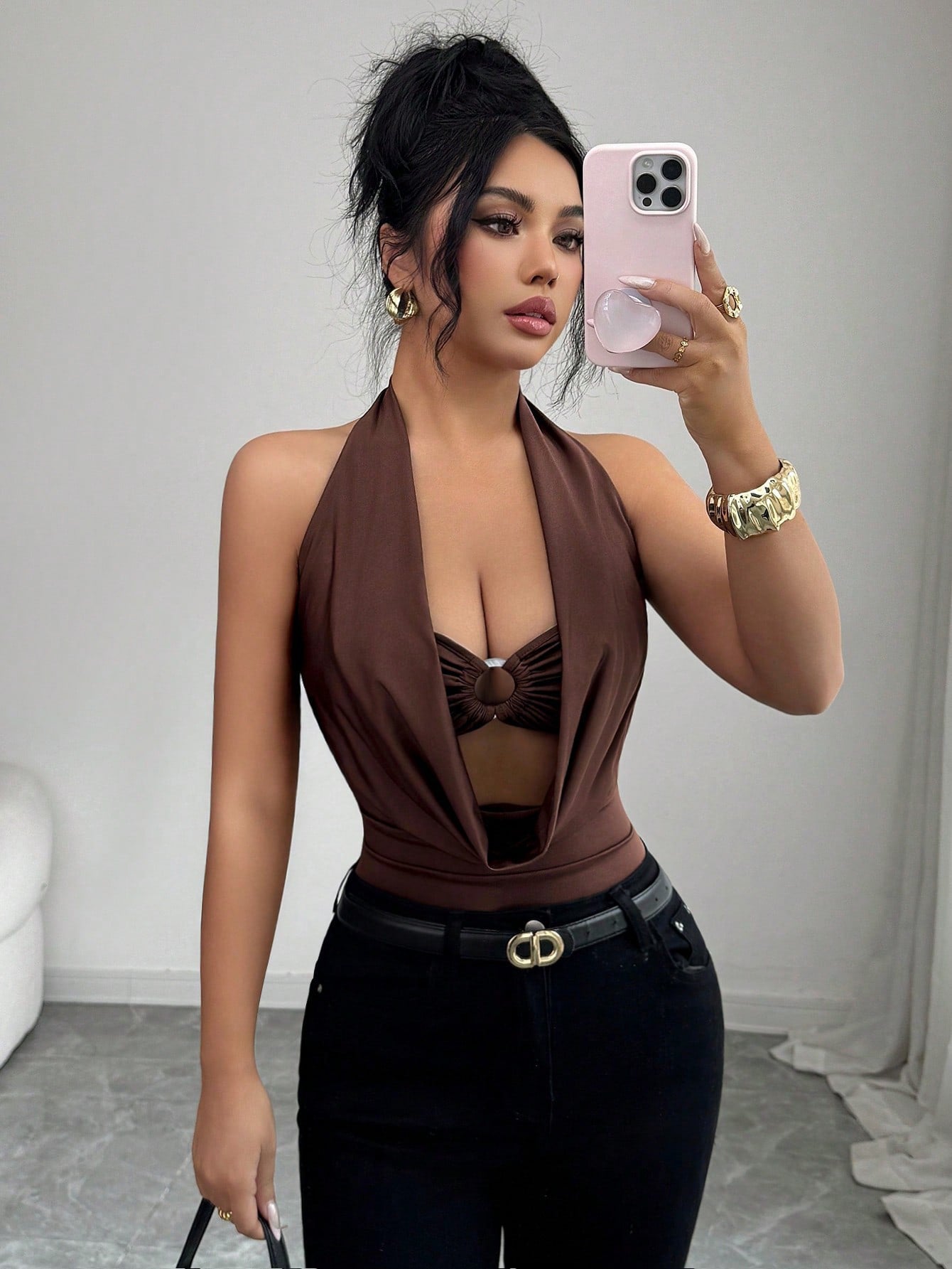 Women`s Halter Plunge Cutout One Piece Bodysuit