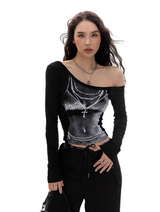 Women`s Graphic Off Shoulder Long Sleeve Crop Top