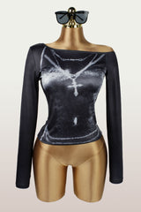 Women`s Graphic Off Shoulder Long Sleeve Crop Top