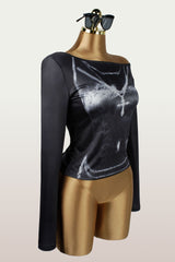 Women`s Graphic Off Shoulder Long Sleeve Crop Top