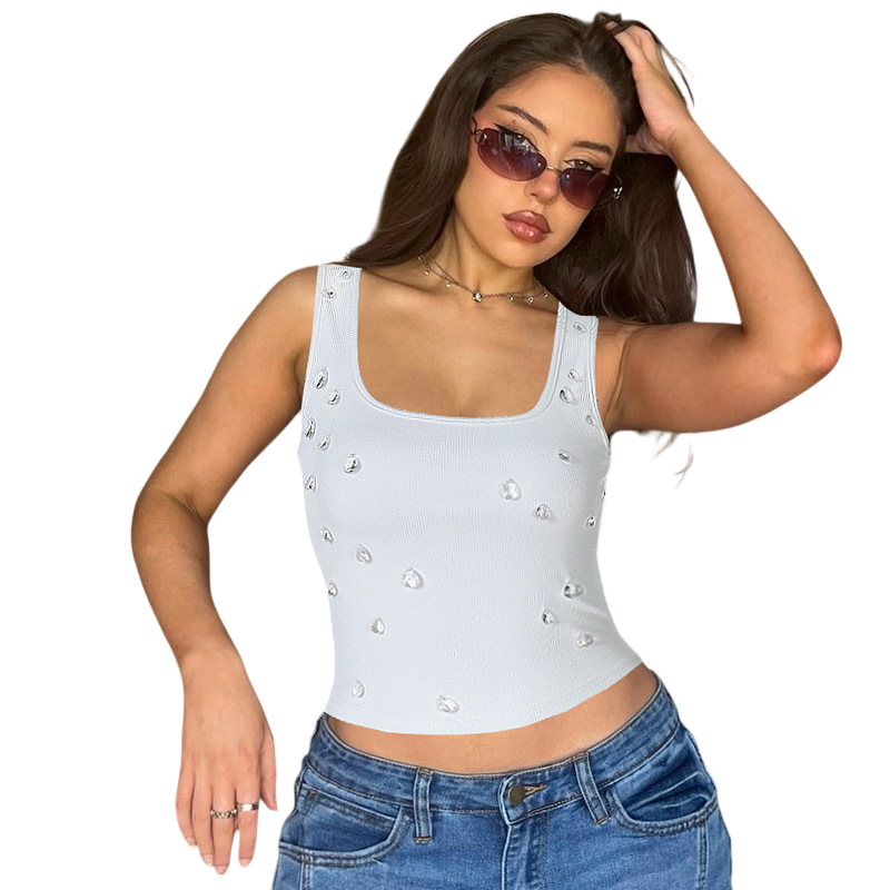 Women`s Rhinestone Ribbed Sleeveless Knit Tank