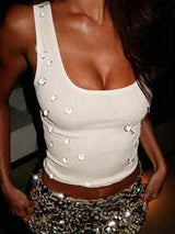 Women`s Rhinestone Ribbed Sleeveless Knit Tank
