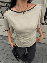 Women`s Contrast Trim Flutter Sleeve Blouse