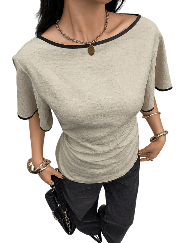 Women`s Contrast Trim Flutter Sleeve Blouse