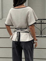 Women`s Contrast Trim Flutter Sleeve Blouse