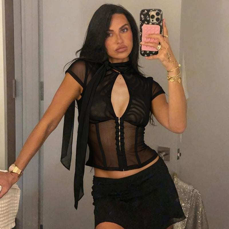 Sheer Mesh Keyhole Tie Neck Corset Style Top