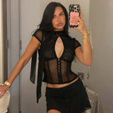 Sheer Mesh Keyhole Tie Neck Corset Style Top
