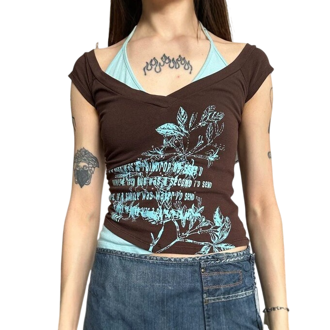 Graphic Print Off Shoulder Fitted Crop Top