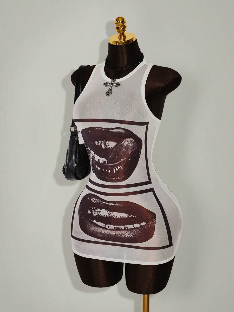 Graphic Print Sleeveless Bodycon Mini Dress