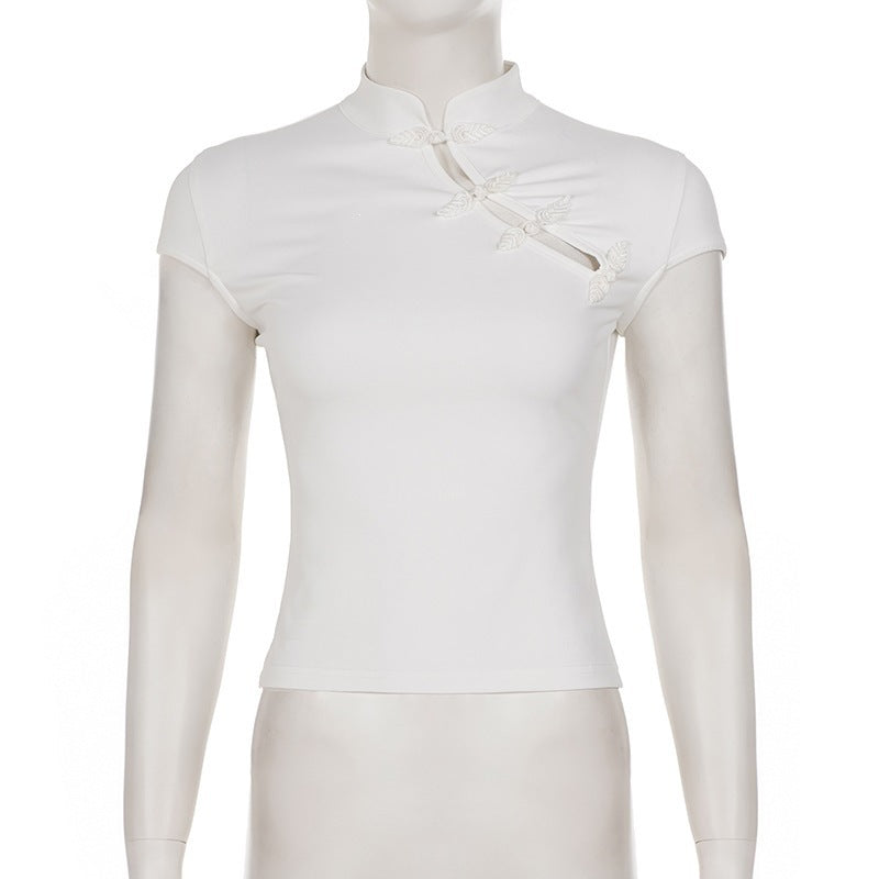 Mandarin Collar Cutout Slim Fit Casual Top