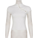 Mandarin Collar Cutout Slim Fit Casual Top