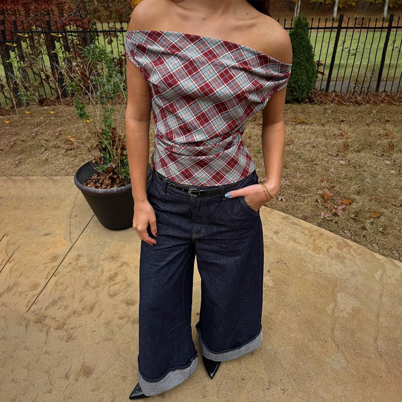 Plaid One Shoulder Ruched Sleeveless Blouse