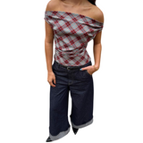 Plaid One Shoulder Ruched Sleeveless Blouse