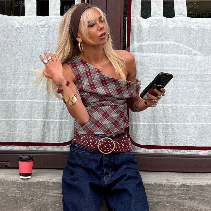 Plaid One Shoulder Ruched Sleeveless Blouse