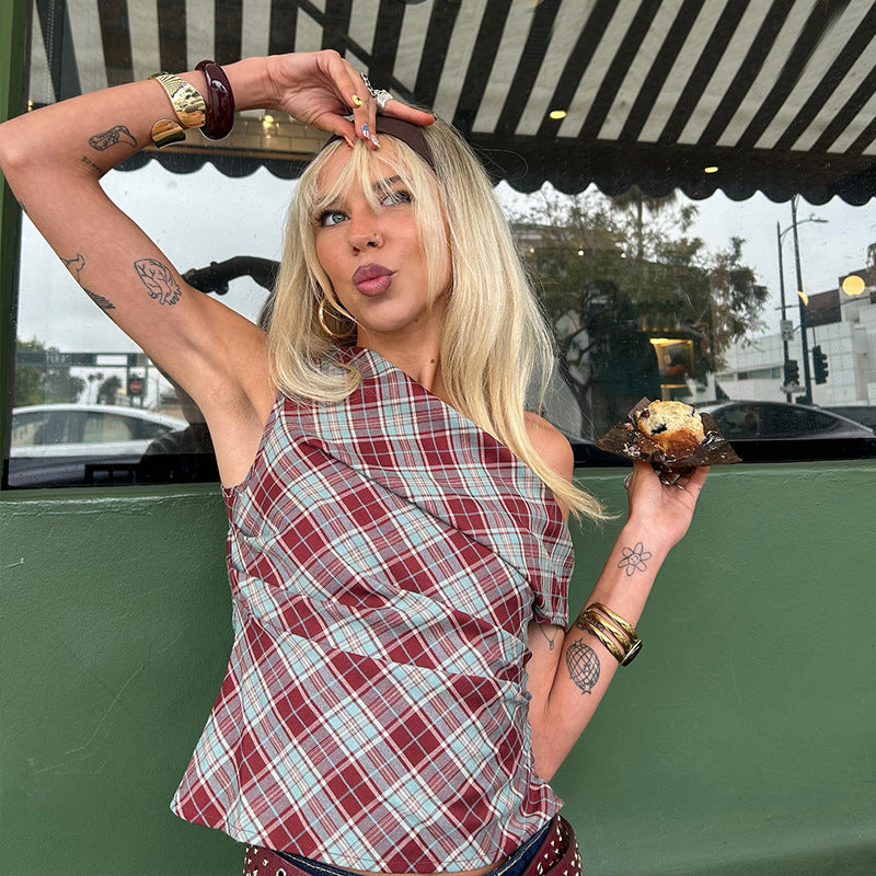 Plaid One Shoulder Ruched Sleeveless Blouse