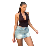 Ruched Halter Neck Sleeveless Wrap Crop Top