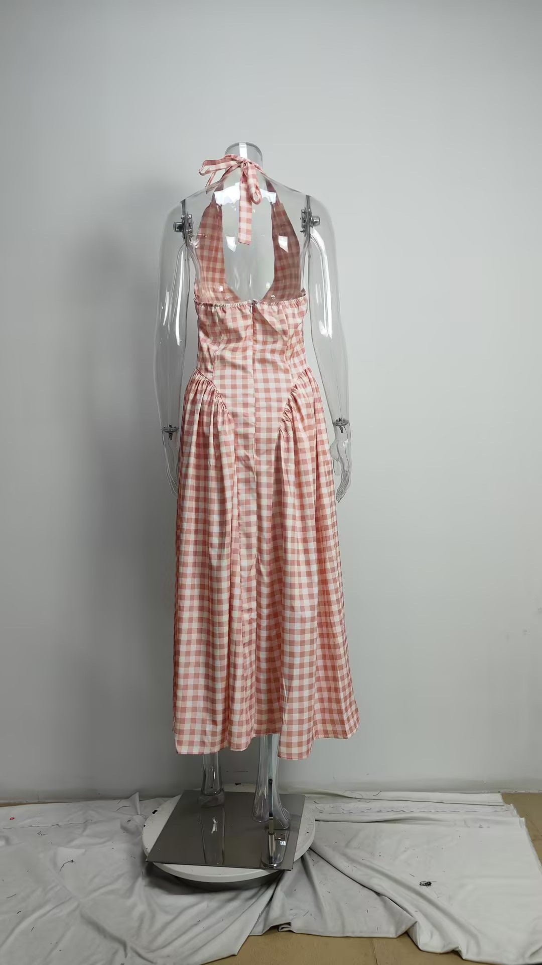 Pink Gingham Halter Neck Flared Maxi Dress