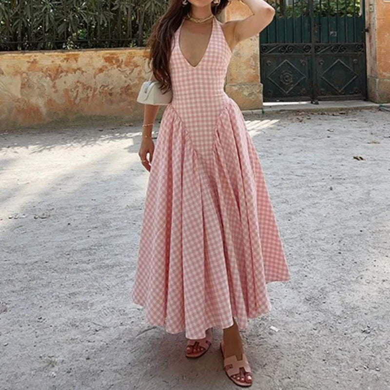 Pink Gingham Halter Neck Flared Maxi Dress