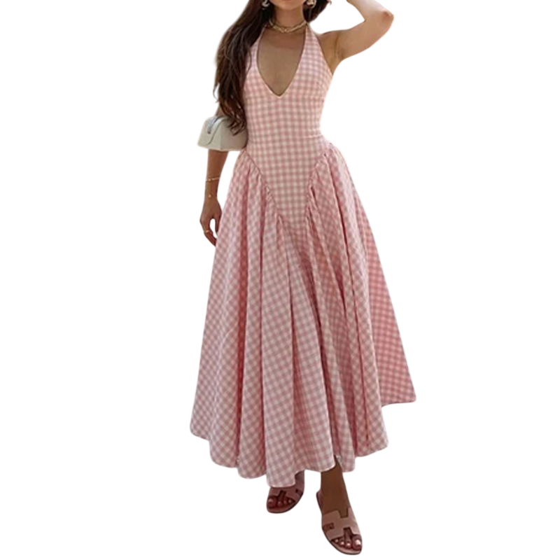 Pink Gingham Halter Neck Flared Maxi Dress