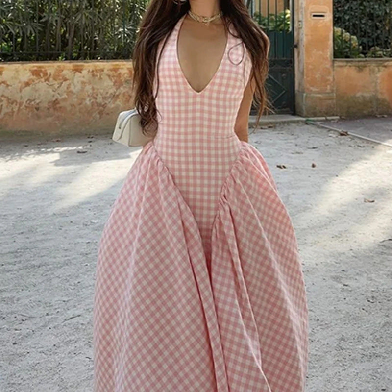 Pink Gingham Halter Neck Flared Maxi Dress
