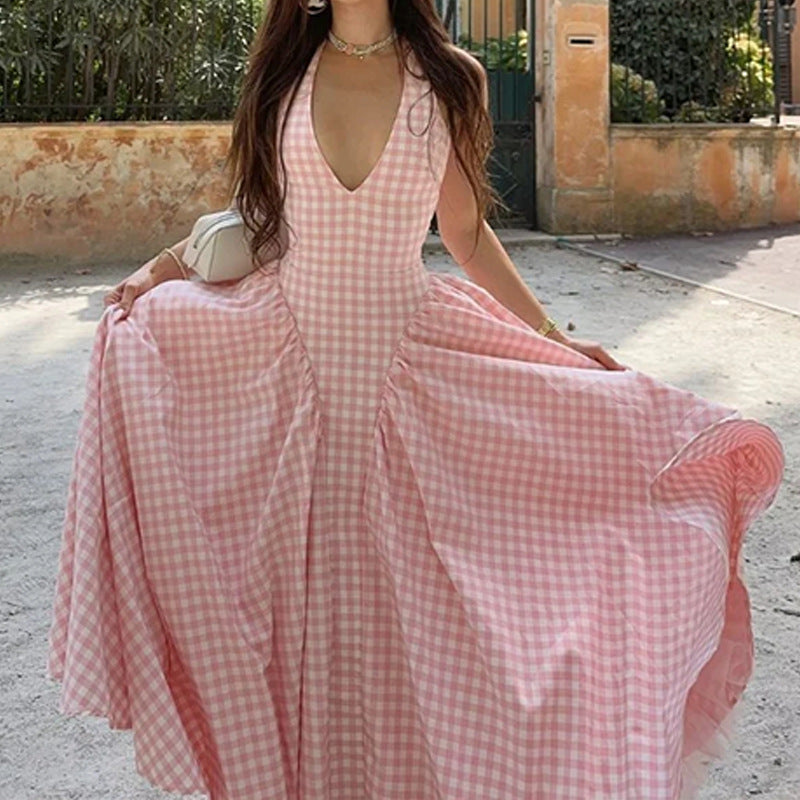 Pink Gingham Halter Neck Flared Maxi Dress
